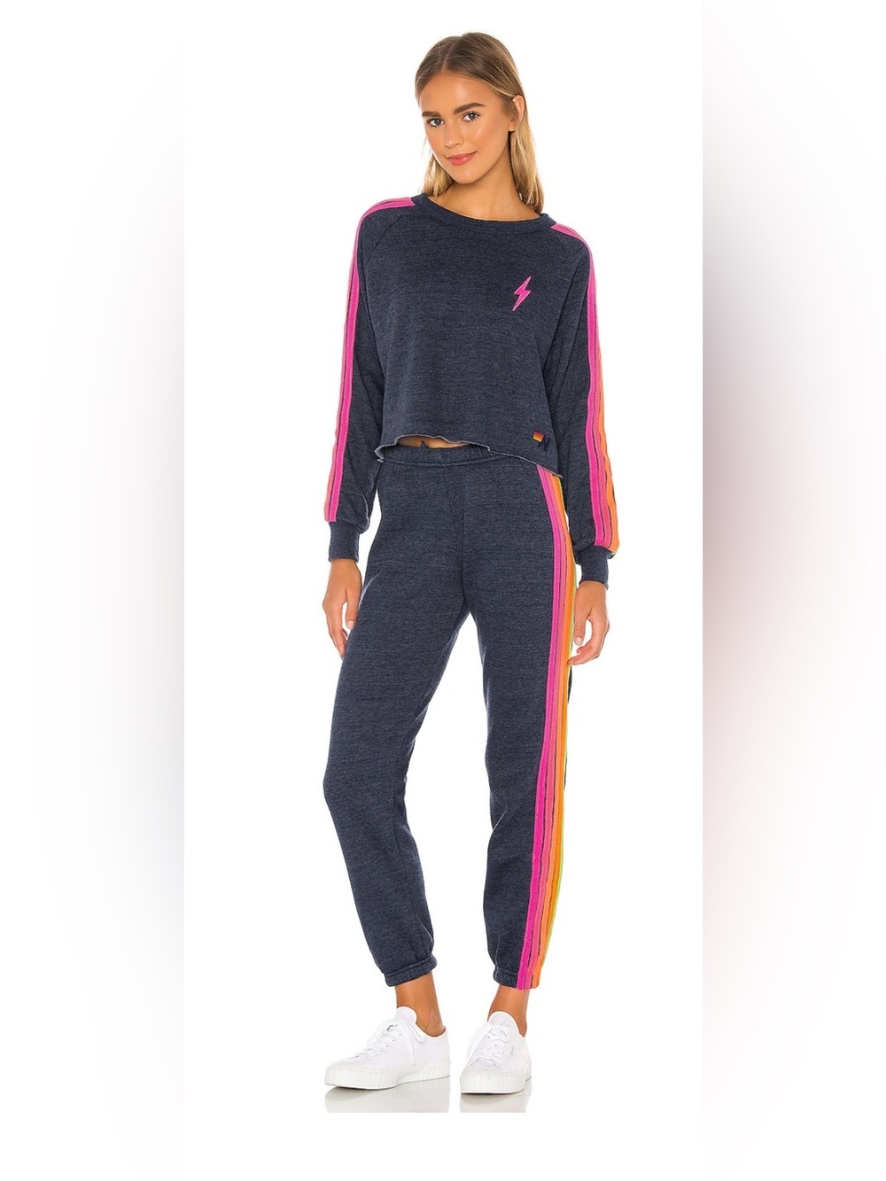 Aviator Nation Navy Blue Cropped Sweatshirt with Pink & Yellow Stripe Details